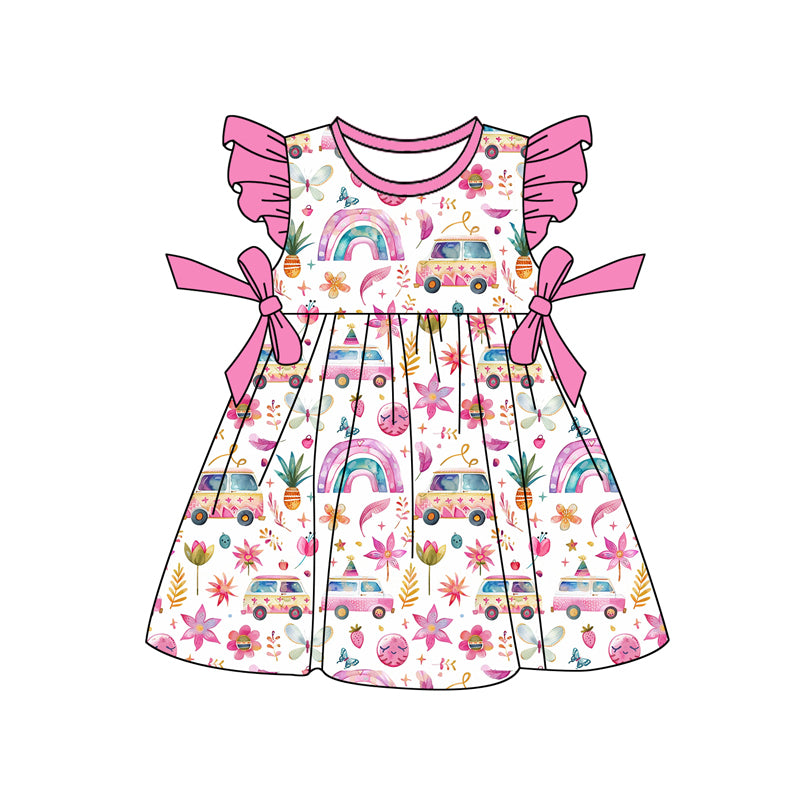 Preorder (moq 5)Baby Girls Pink Rainbow Buses Bows Knee Length Dresses