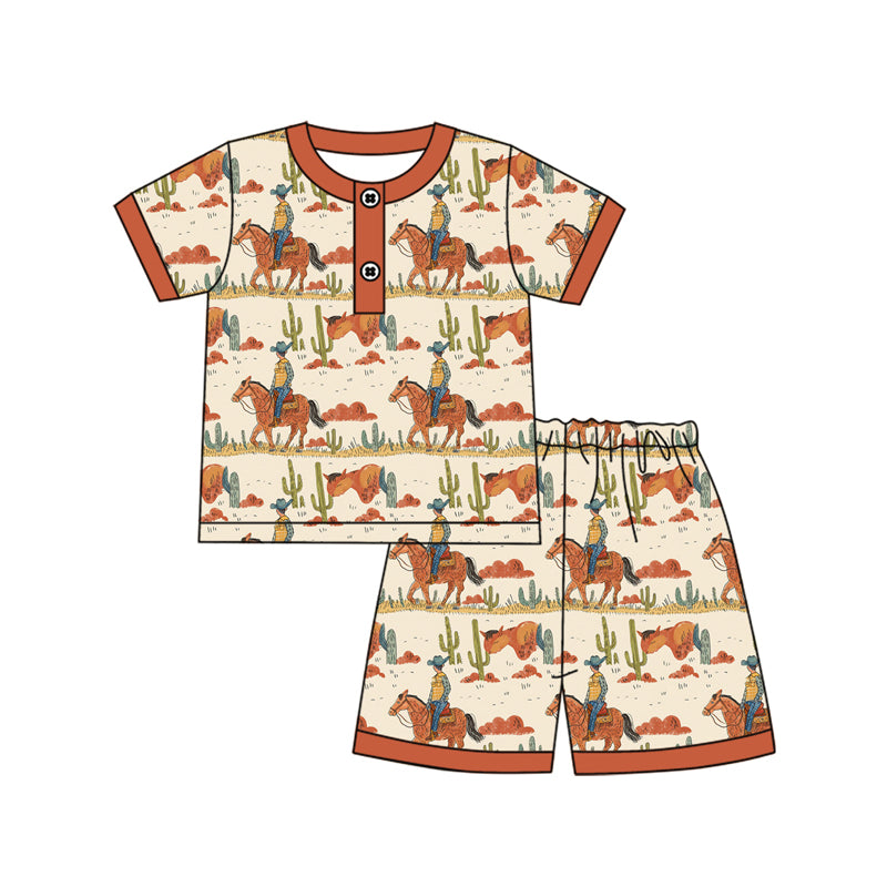 Preorder (moq 5)Baby Boys Brown Horse Rodeo Cactus Button Shirt Ruffle Shorts Pajamas Clothes Sets
