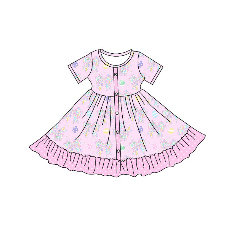 Preorder (moq 5)Baby Girls Flower Bows Eggs Button Ruffle Easter Knee Length Dresses