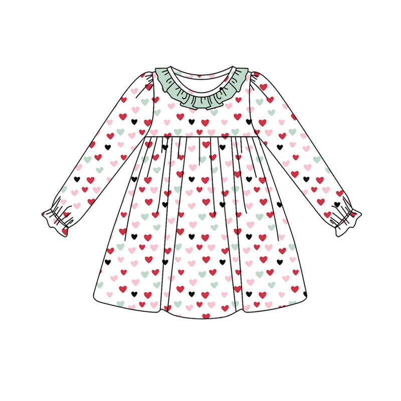 Preorder (moq 5)Baby Girls Long Ruffle Sleeve Colorful Hearts Valentine Knee Length Dresses