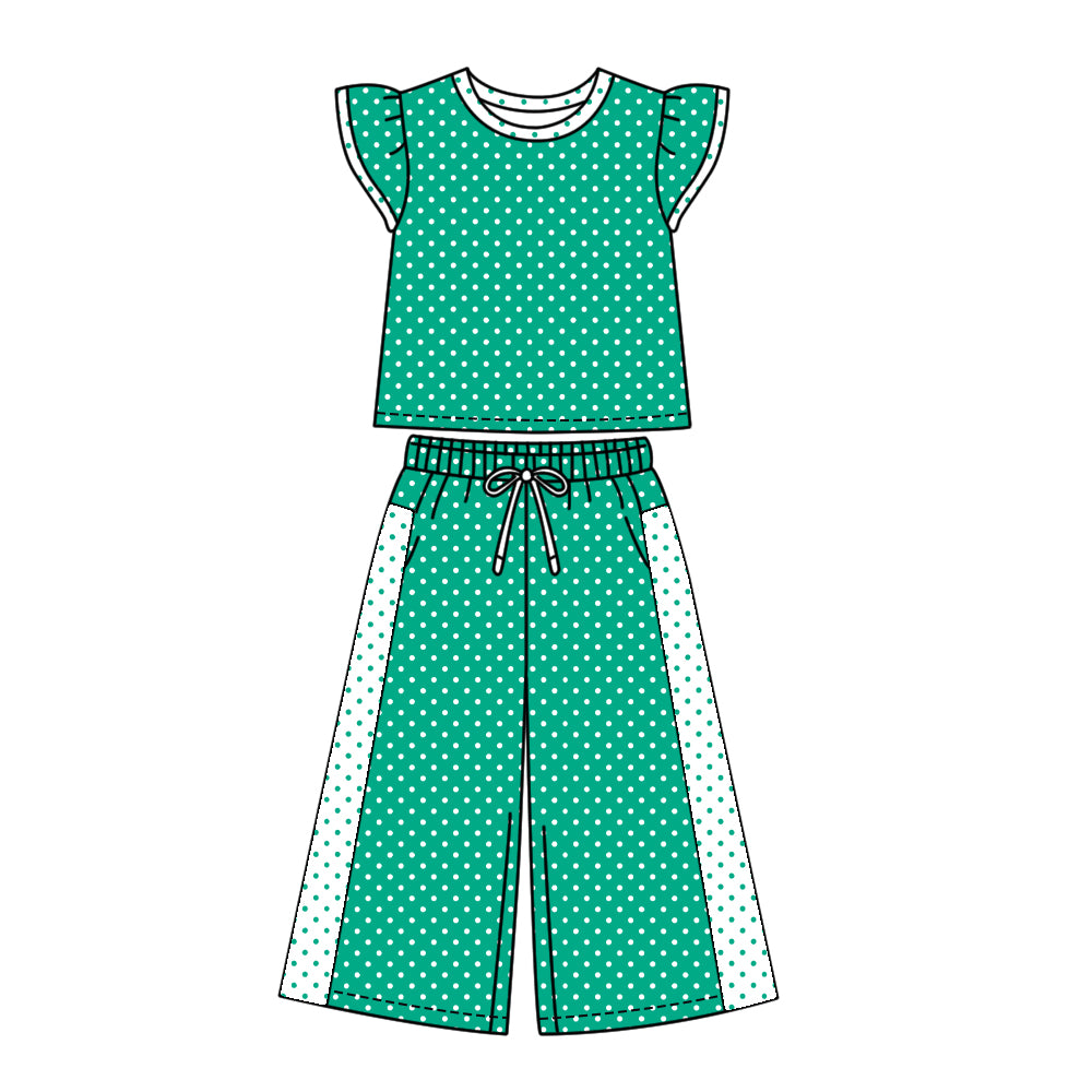 Preorder (moq 5)Baby Girls Green Flutter Sleeve Polka Dots Top Flare Pant Clothes Set