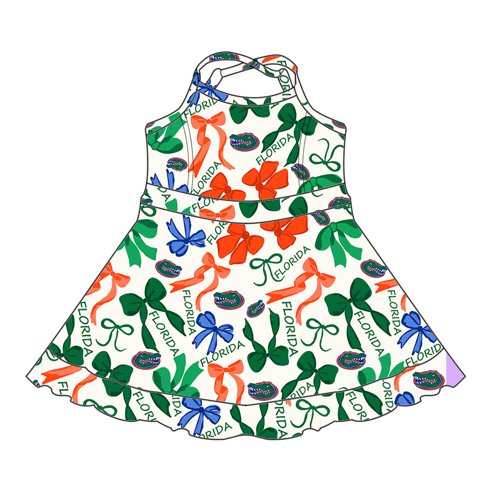 Preorder (moq 5)Baby Girls Green Strap Bows Plaid Florida Ruffle Shorts Team Knee Length Dresses