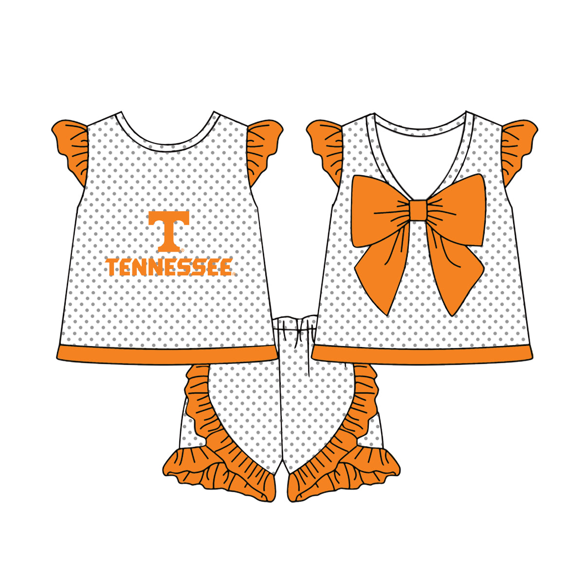 Preorder (moq 5)Baby Girls Orange Flutter Sleeves Polka Dots Tennessee Top Ruffle Shorts Team Set