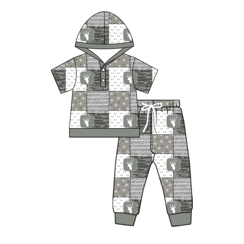 Preorder (moq 5)Baby Boys Gray Short Sleeves Deer Camo Plaid Hoodies Top Pant Set