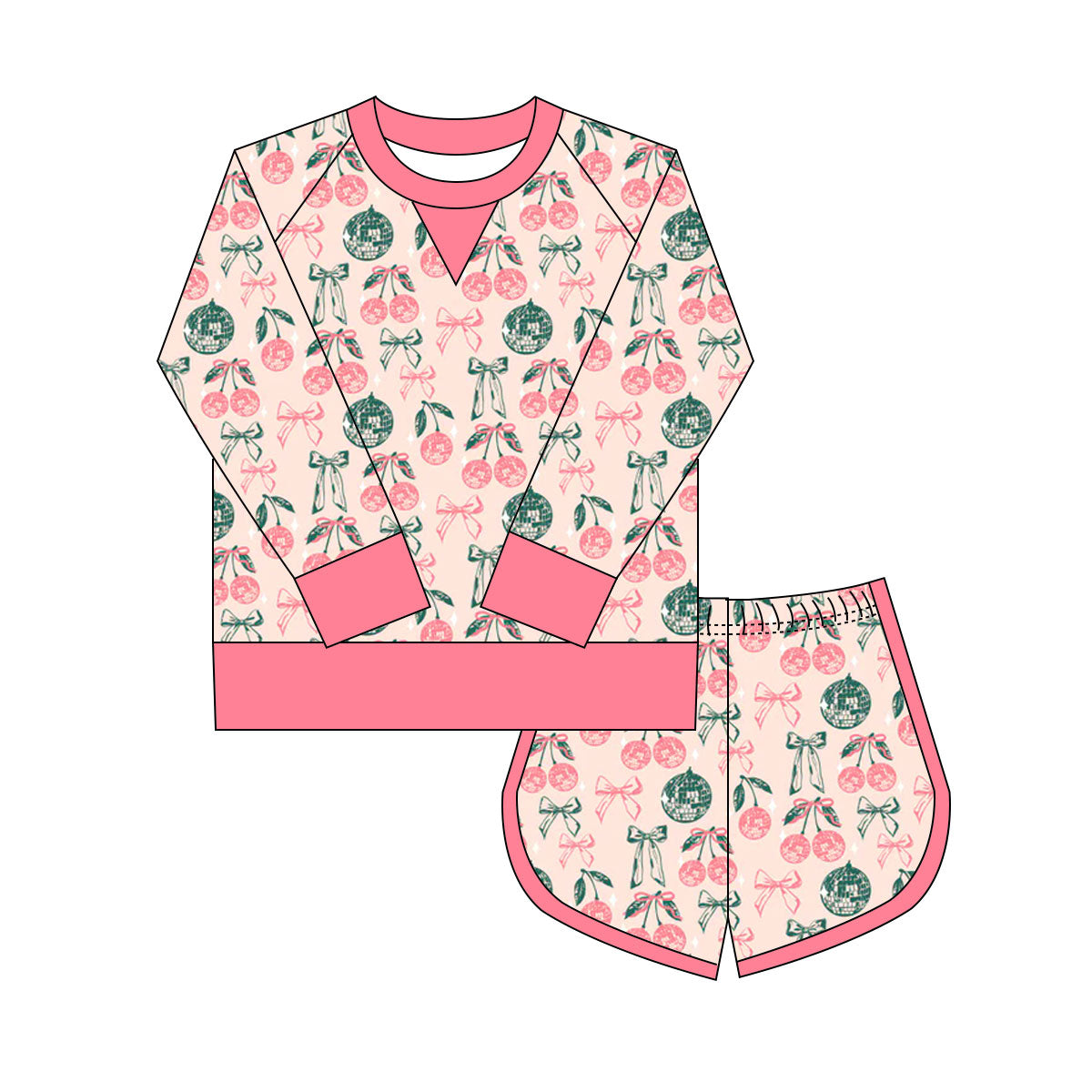 Preorder(moq 8)Baby Girls Pink Green Bows Cherry Lights Long Sleeve Top Shorts Clothes Set