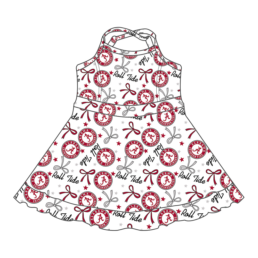 Preorder (moq 5)Baby Girls Strap Red A Roll Tide Bows Stars Ruffle Shorts Team Knee Length Dresses