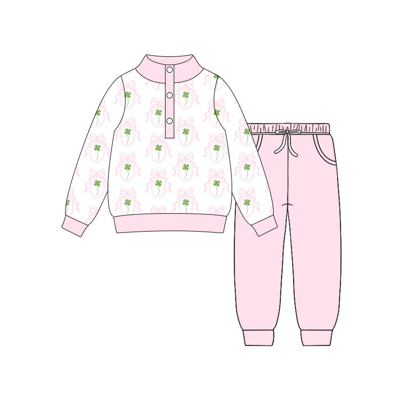 Preorder(moq 5) Baby Girls Clovers Bows Checked Button Top Pockets Jogger St Patrick Clothes Sets