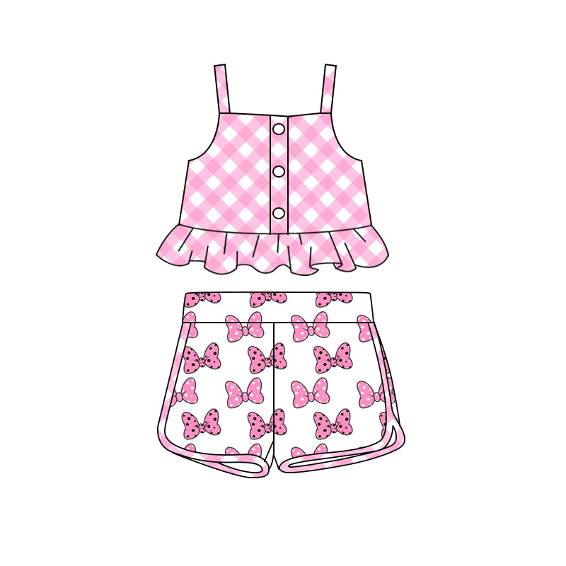 Preorder (moq 5)Baby Girls Pink Checkered Straps Top Bows Shorts Clothes Sets