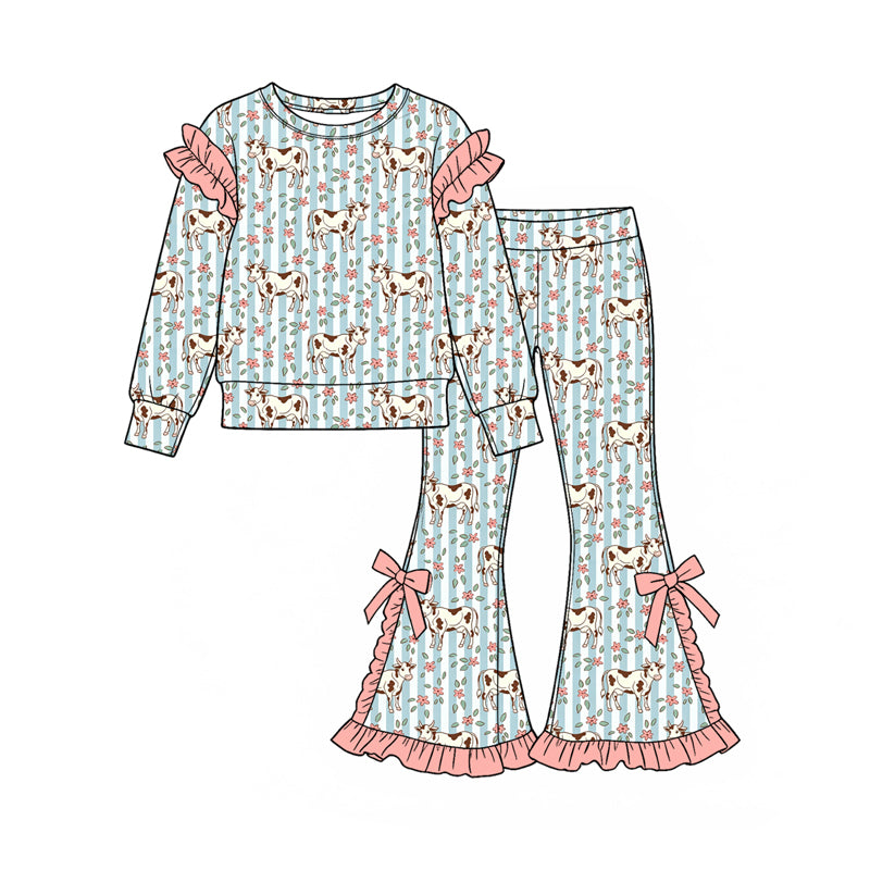 Preorder (moq 5) Girls’ Fall Cow & Pink Floral Bow Ruffle Long-Sleeve Round-Neck Top with Flare Pants Set