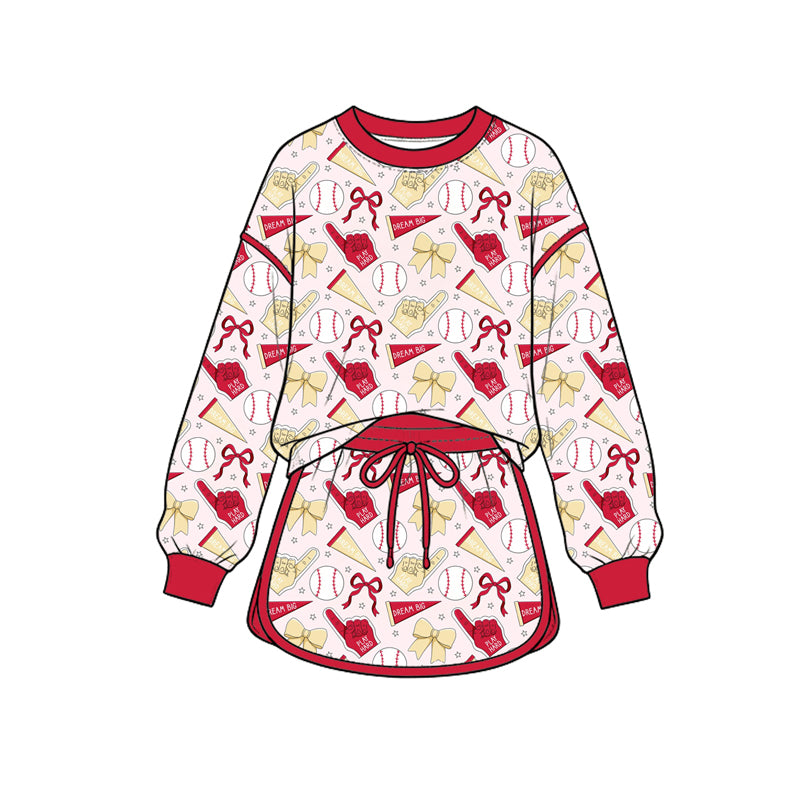Preorder (moq 5) Baby Girl Clothes Baseball Bow Pennant Mixed Print Long Sleeve Top Skirt Outfit Set