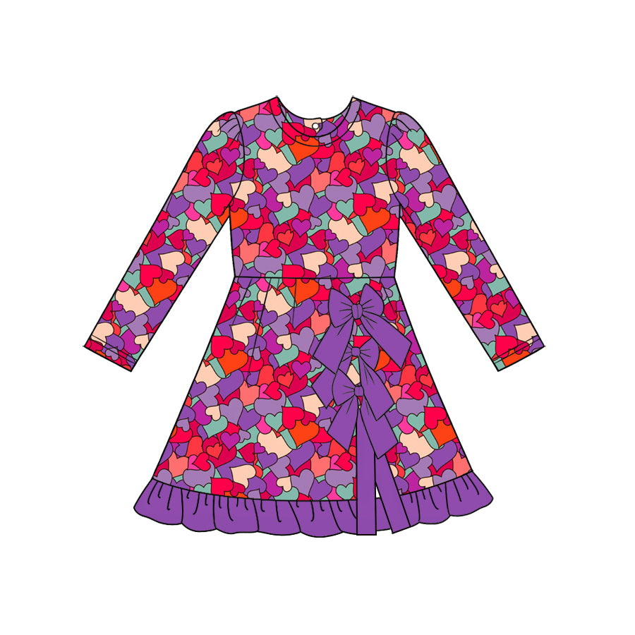 Preorder (moq 5)Baby Girls Colorful Hearts Short Bows Valentines Knee Length Dress