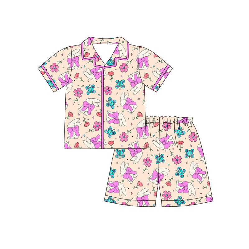 Preorder (moq 5)Baby Girls Bows Rabbits Flowers Button Top Shorts Easter Pajamas Sets