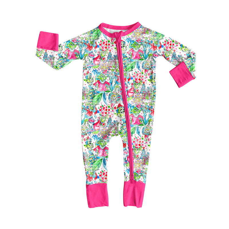 Preorder(moq 5)Baby Infant Boys Long Sleeves Floral Green Face Christmas Zipper Rompers