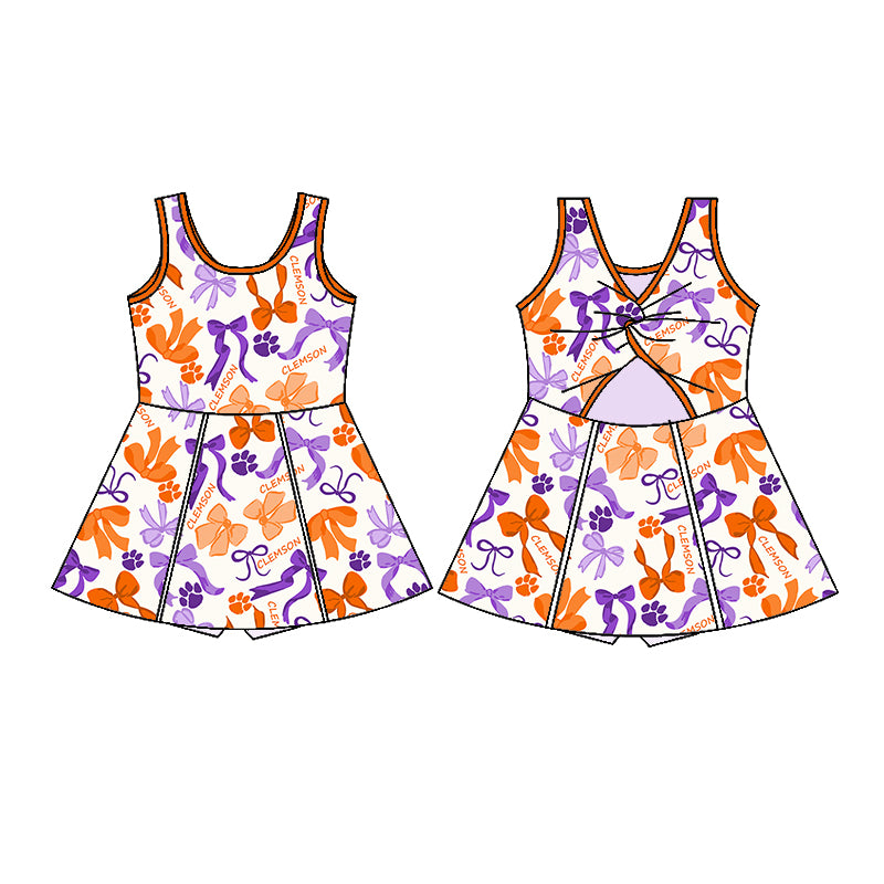 Preorder (moq 5)Baby Girls Sleeveless Orange Purple Bows Plaid Short Team Knee Length Dresses