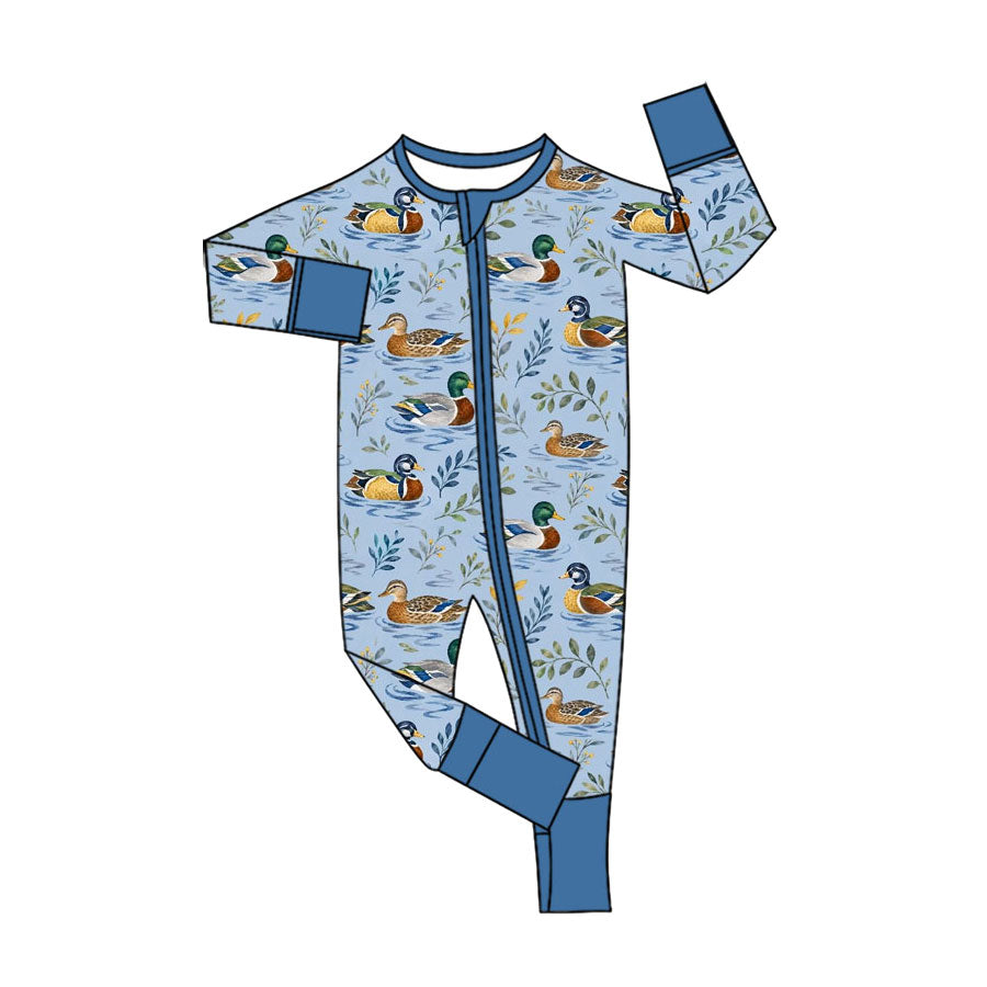Preorder (moq 5) Baby Boy Clothes Blue Duck Water Foliage Print Long Sleeve Zipper Romper