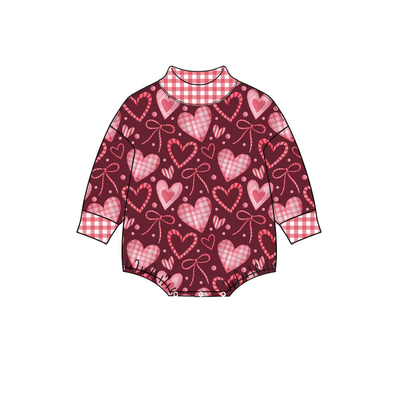 Preorder (moq 5) Baby Girl Clothes Burgundy Plaid Heart Bow Print Long Sleeve Mock Neck Bodysuit