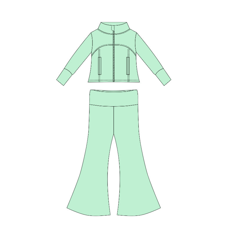 Preorder moq 10 Baby Girls Aqua Long Sleeves Pockets Zipper Top Bell Bottom Pant Set