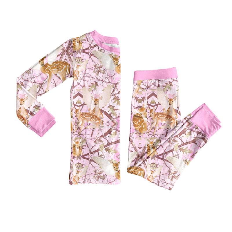 Preorder (moq 5) Baby Girl Clothes Winged Deer Pink Camo Mixed Print Long Sleeve Pajama Set
