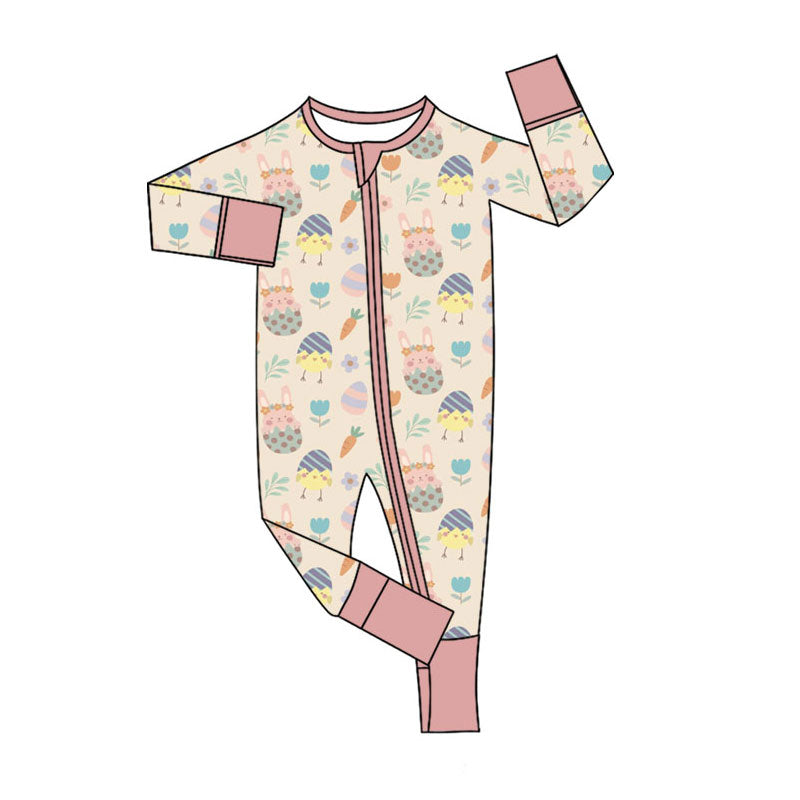 Preorder (moq 5)Baby Girls Long Sleeve Rabbit Chicks Flowers Easter Two Way Zipper Convertible Rompers