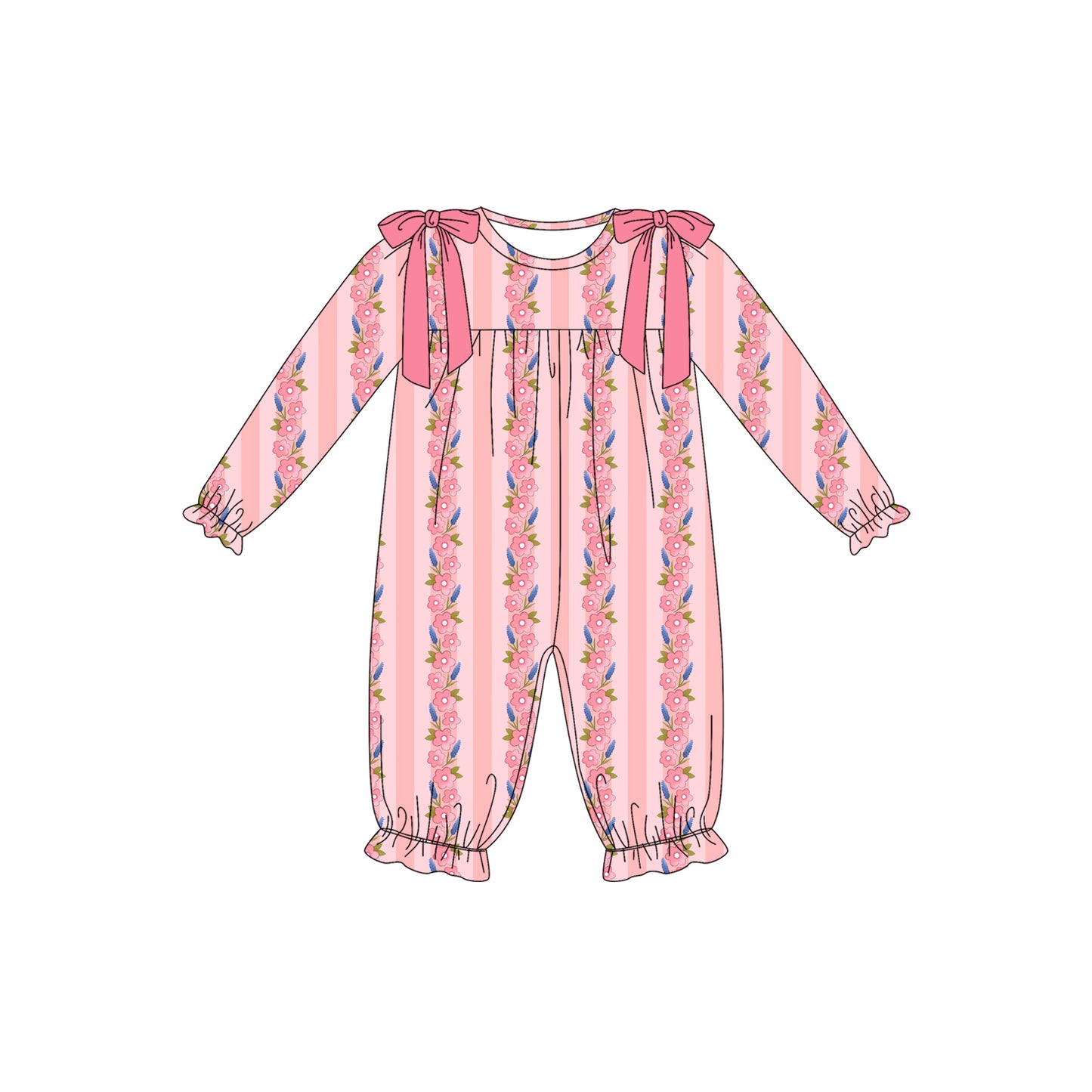 Preorder (moq 5)Baby Girls Long Ruffle Sleeve Flowers Stripe Pant Rompers