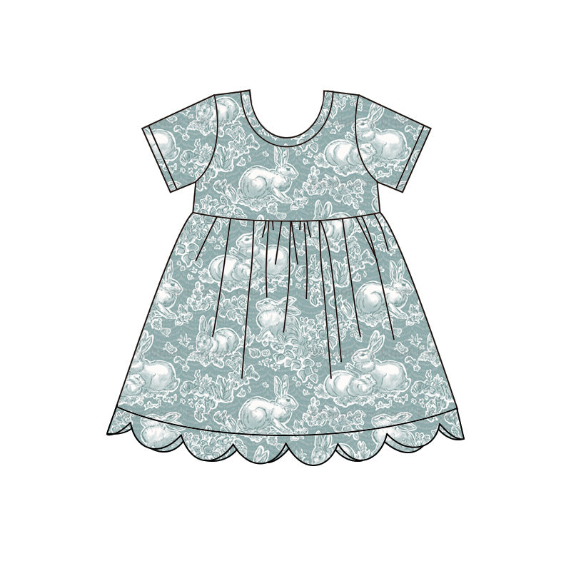 Preorder moq 5 Girls’ Spring Easter Gray, Lake Green & Soft Yellow Rabbit Print Short Sleeve Dress