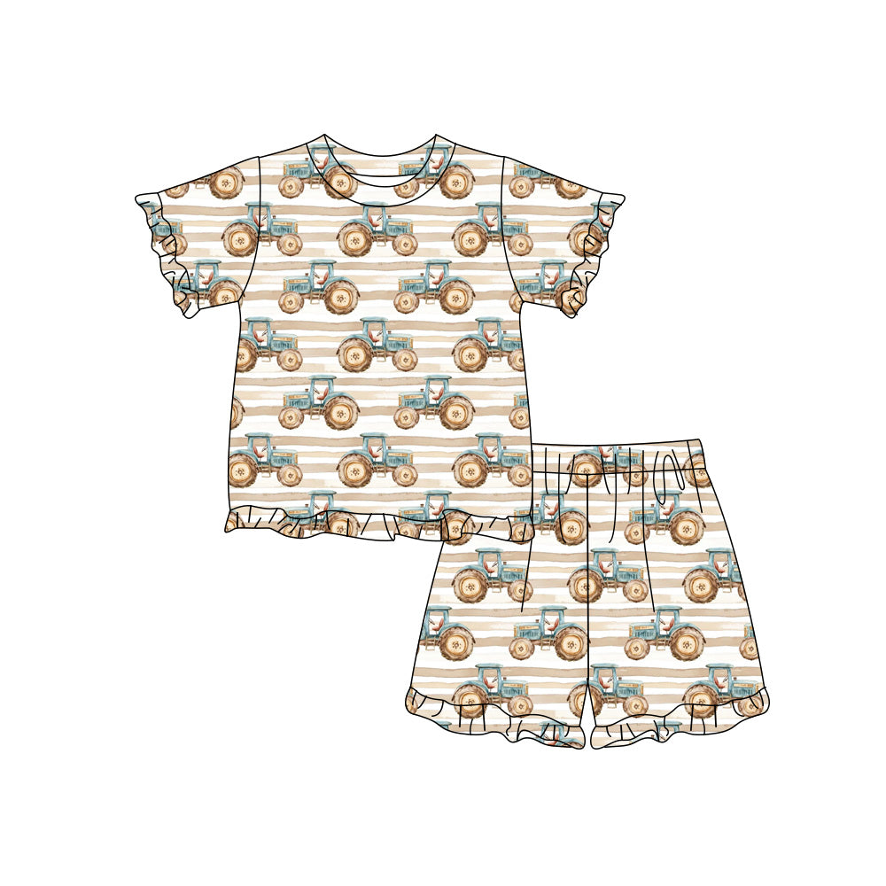 Preorder moq 5 Baby Girls Trucks Stripe Top Ruffle Short Farm Clothes Sets