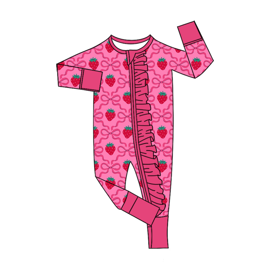 Preorder (moq 5) Baby Girls Bows Strawberry Two Way Ruffle Zip Convertible Rompers