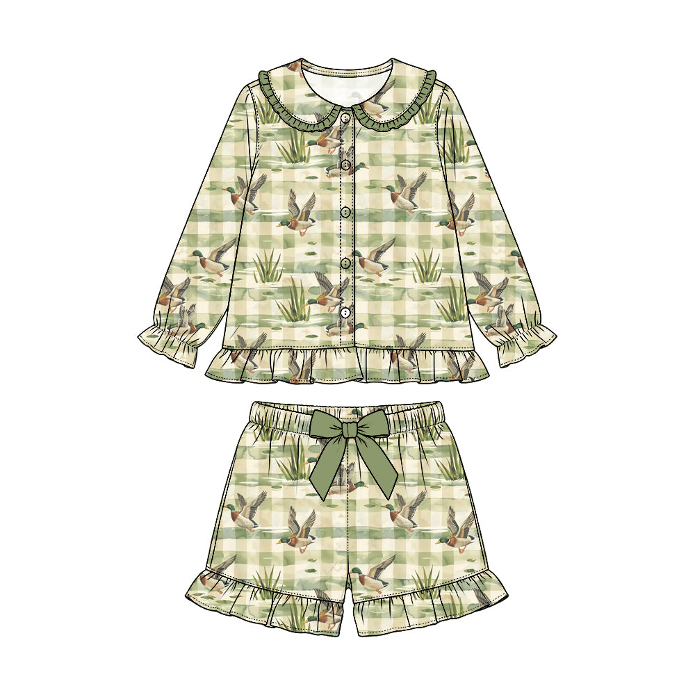 Preorder (moq 5) Baby Girl Clothes Gingham Grass Mallard Duck Mixed Print Long Sleeve Button Shorts Pajama Set