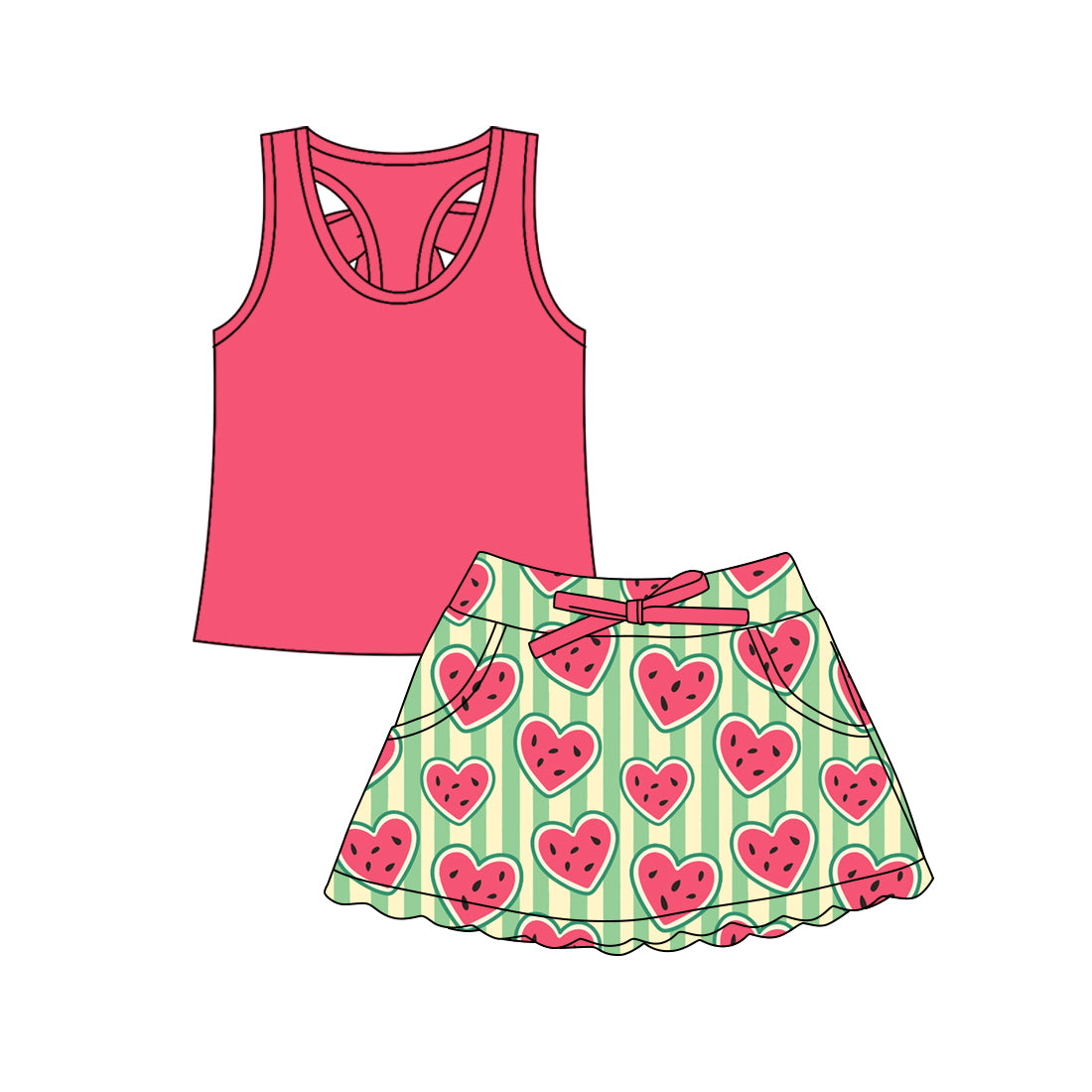 Preorder (moq 5)Baby Girls Pink Vests Watermelon Hearts Scallop Pockets Skirt Shorts Clothes Sets