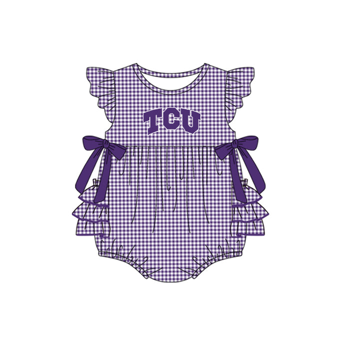 Preorder moq 5 Baby Girls Purple Plaid Flutter Sleeves Bows TCU Team Rompers
