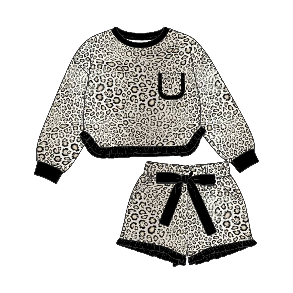 Preorder (moq5) Baby Girls Khaki Leopard Pocket Top Ruffle Bow Short Clothes Set