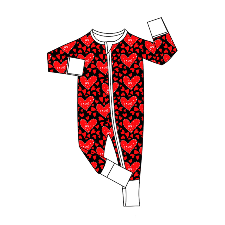 Preorder moq 5 Baby Girls’ Fall Valentine’s Day Red & Black Heart Long-Sleeve Hooded Romper