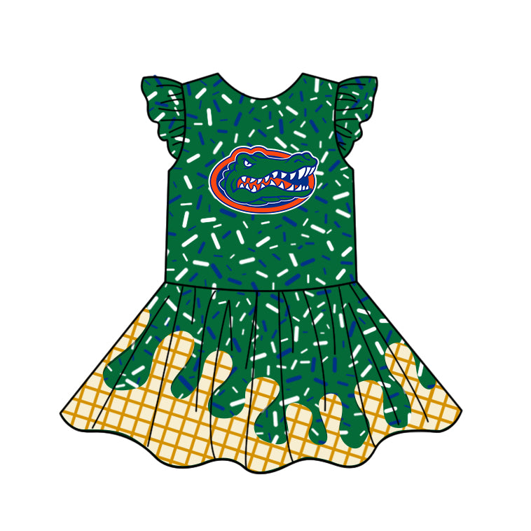 Preorder (moq 5)Baby Girls Green Flutter Sleeves Drip Crocodiles Team Knee Length Dresses