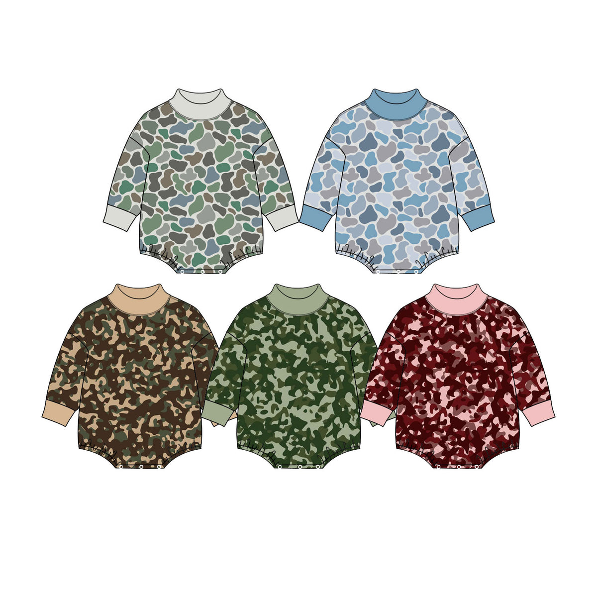 Preorder (moq 5) Baby Boy Clothes Blue Tone Camo Print Long Sleeve Turtleneck Bubble Romper