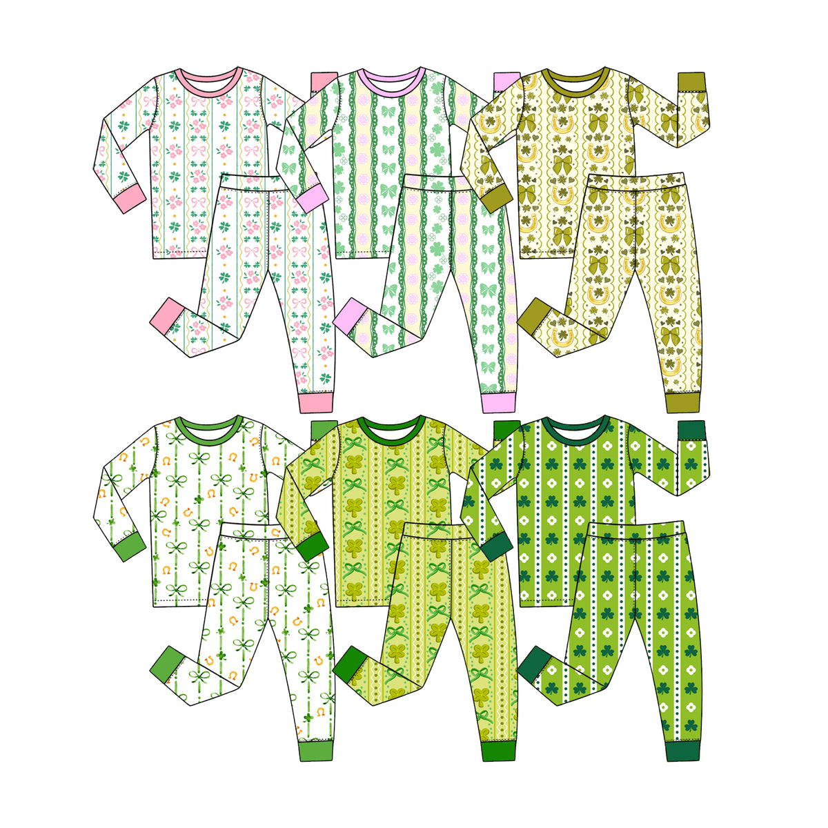 Preorder (moq 5) Baby Girl Clothes St Patrick's Day Horseshoe Clover Bow Striped Print Long Sleeve Pajama Set