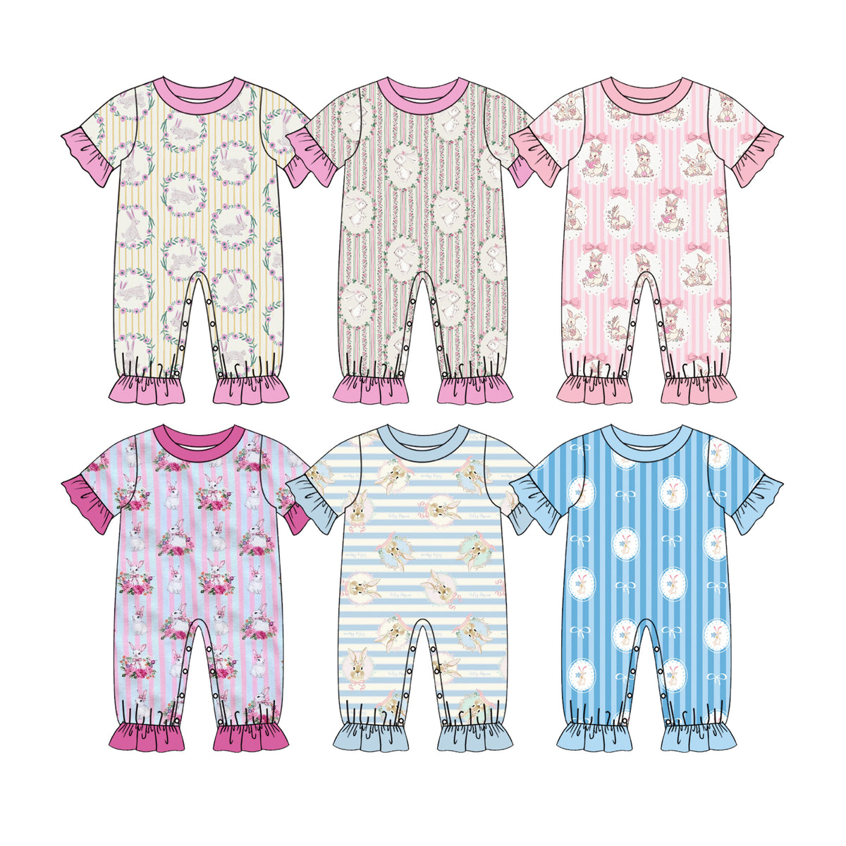 Preorder (moq 5) Baby Girl Clothes Easter Bunny Circle Bow Blue Stripe Print Short Sleeve Ruffle Baby Romper Jumpsuit