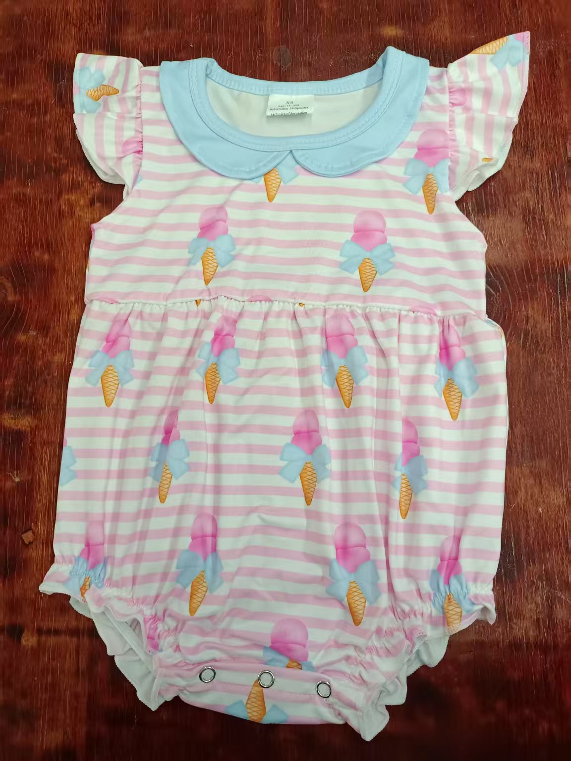 Preorder moq 5 Baby Girls Flutter Sleeves Pink Stripe Ice Cream Ruffle Rompers