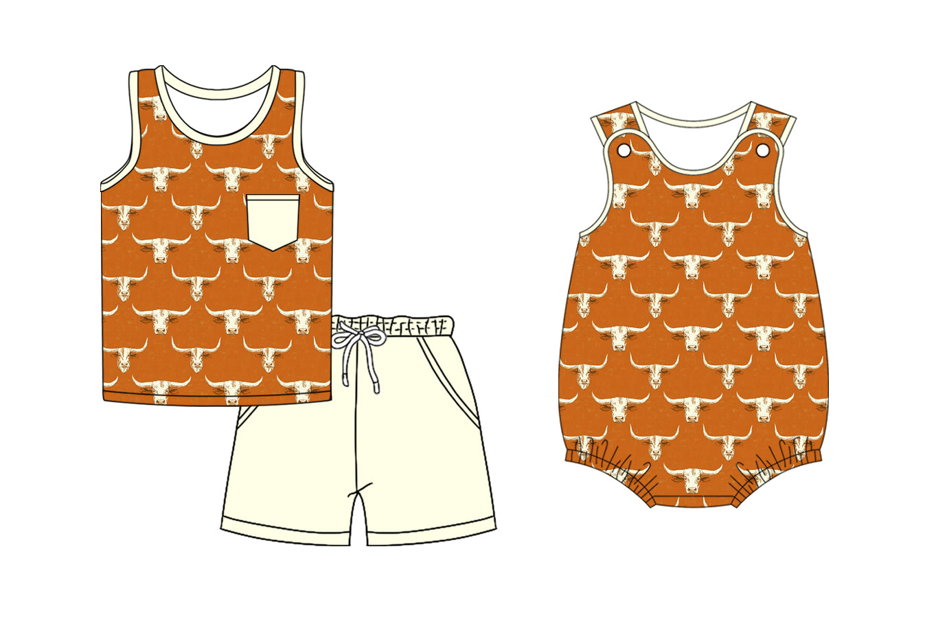 Preorder moq 5 Custom Baby Boys Bull Skulls Top Pockets Short Set Rompers