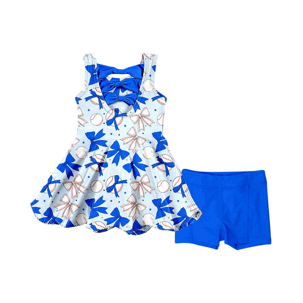 Preorder (moq 5)Baby Girls Sleeveless Bows Baseballs Tunic Short Go Team Clothes Sets