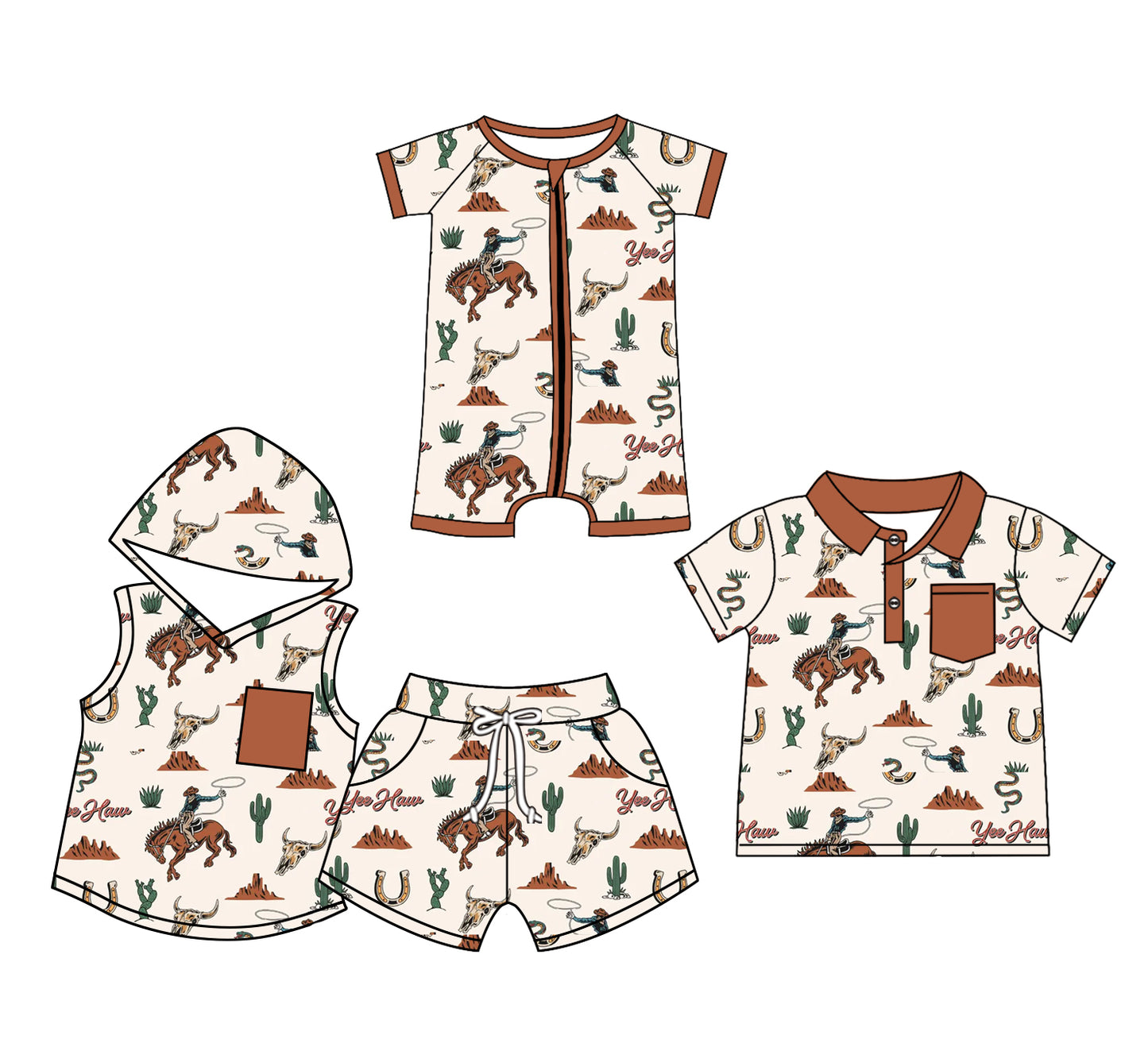 Preorder moq 5 Custom Baby Boys Sleeveless Pocket Horse Rodeos Cactus Hoodies Short Set Polo Shirts Zipper Rompers