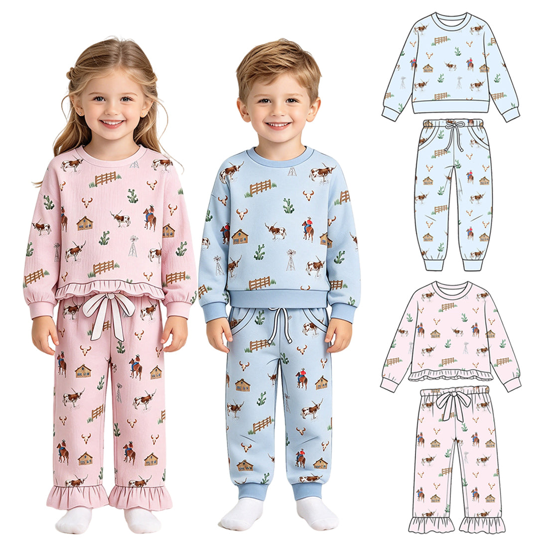 Preorder (moq 5) Baby Boy Clothes Western Cowboy Longhorn Cactus Print Long Sleeve Top Jogger Pants Set