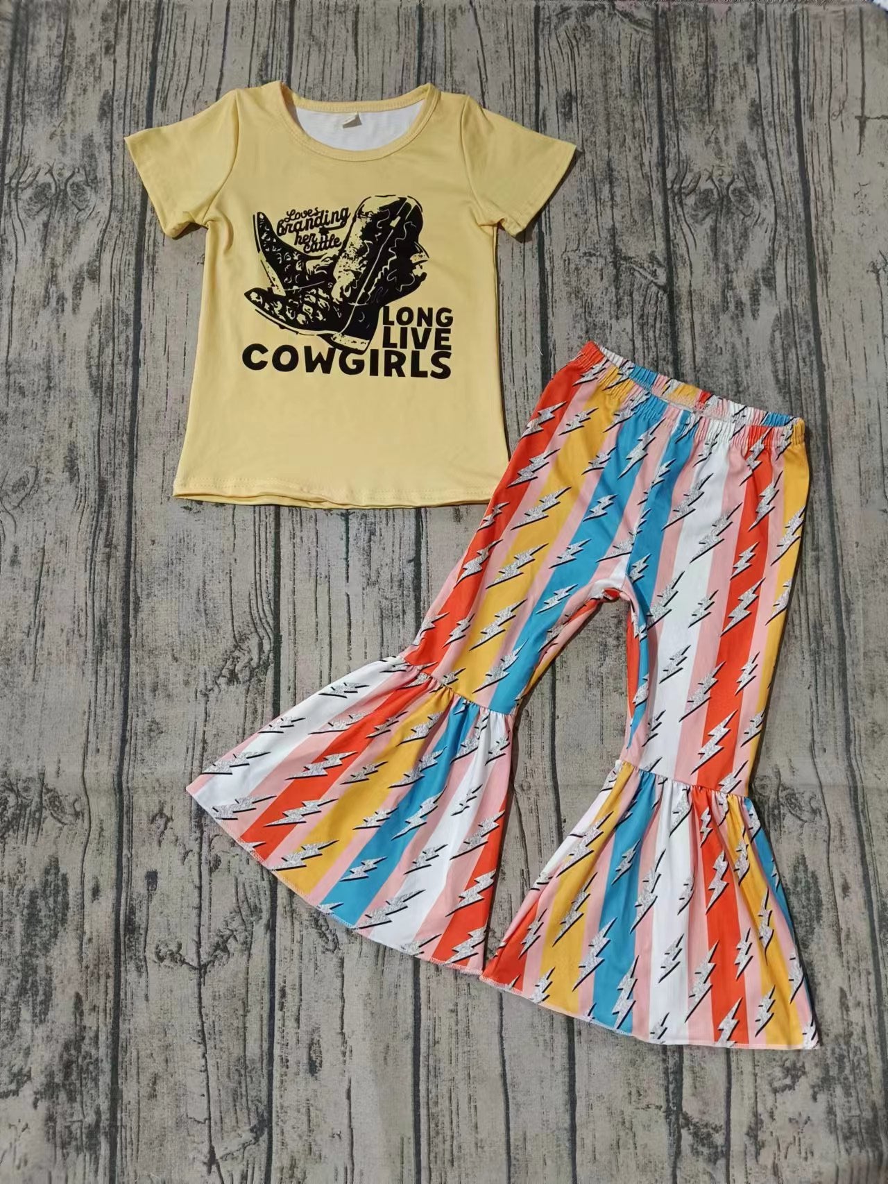 Preorder (moq 5)Baby Girls Western Long Live Cowgirls Shirt Thunder Bell Pants Outfits