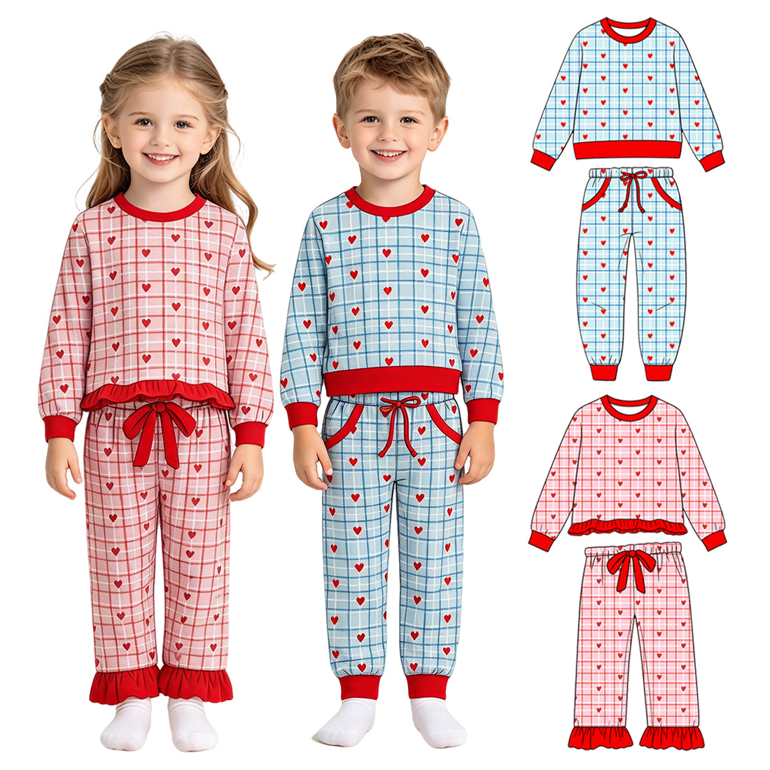 Preorder (moq 5) Baby Girl Clothes Valentine Red Heart Plaid Print Ruffle Long Sleeve Top Ruffle Pants Set