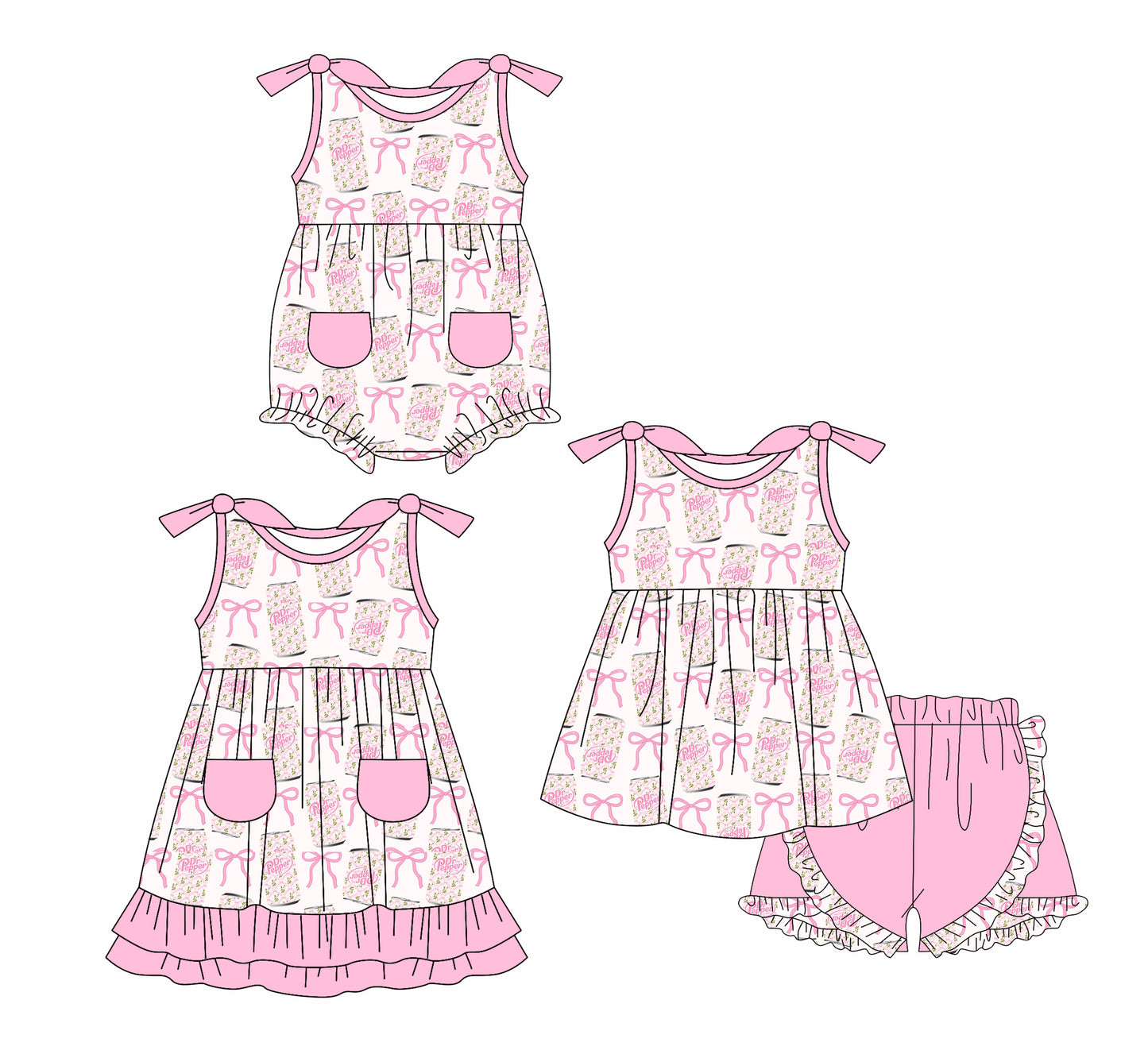 Preorder moq 5 Custom Baby Girls Pink Strap Dr Pepper Bows Pockets Tunic Ruffle Short Set Dress And Rompers