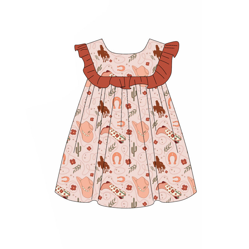 Preorder (moq 5)Baby Girls Dark Red Horse Rodeos Cactus Knee Length Dresses