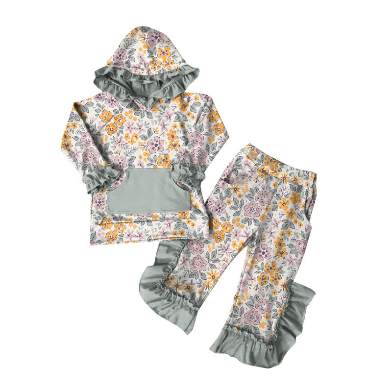Preorder (moq 5)Baby Girls Colorful Flowers Hoodie Pocket Top Ruffle Pant Clothes Sets