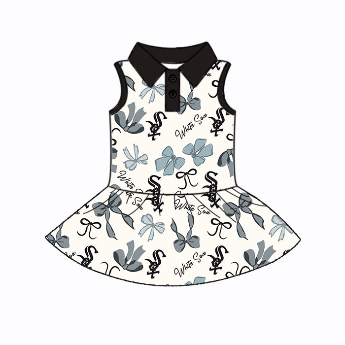 Preorder (moq 5)Baby Girls Black Sleeveless Bows Plaid White Sox Button Team Knee Length Dresses