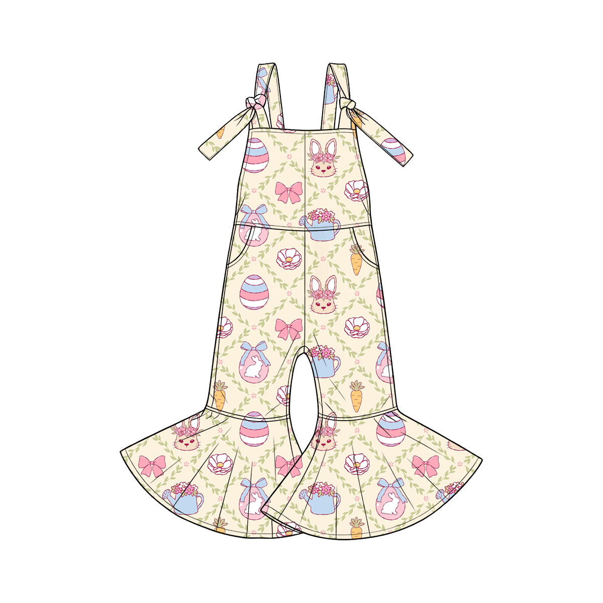 Pre-order(moq5) | Girls’ Spring Easter Rabbit & Carrot Print Flare Jumpsuit Set | Cute Baby Girl Sisters’ Matching Outfits
