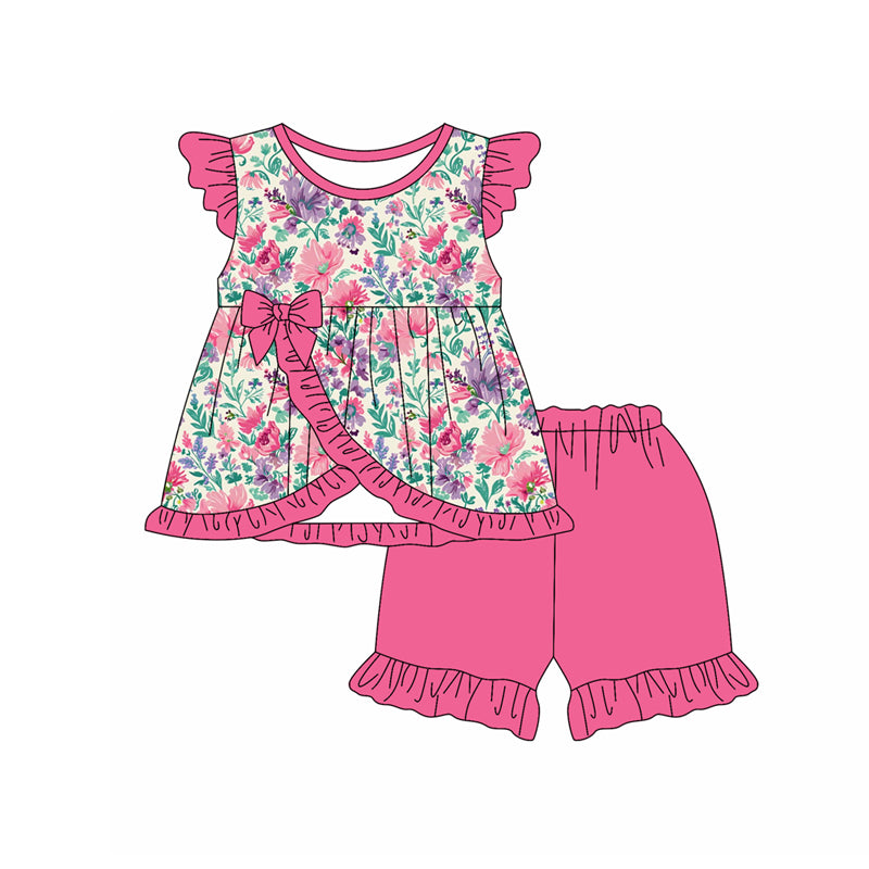 Preorder moq 5 Baby Girls Pink Flutter Sleeves Floral Bows Tunic Ruffle Short Set