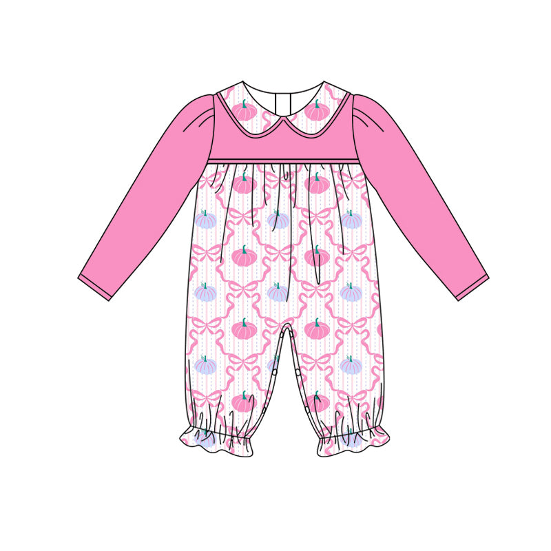 Preorder (moq 5)Baby Girls Pink Long Sleeves Bows Pumpkins Plaid Ruffle Rompers